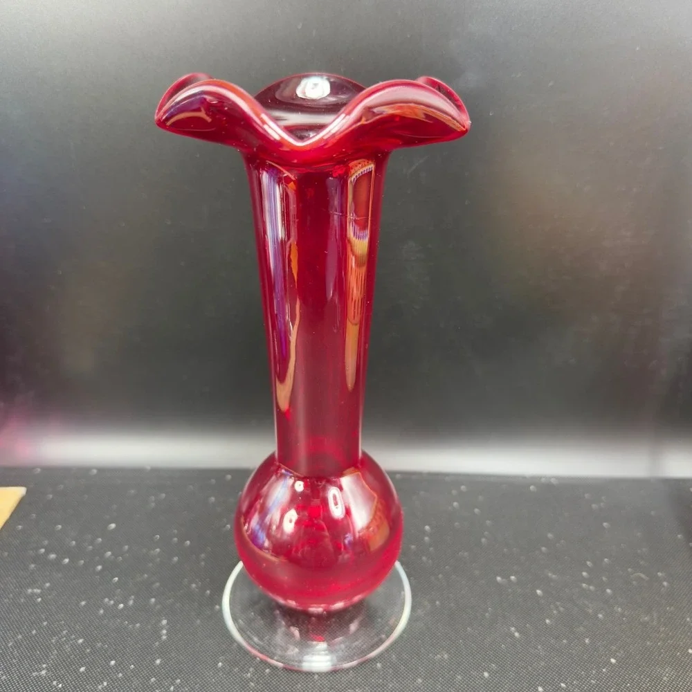 Vintage Ruby Red Crackle Art Glass Bud Vase Ruffled‎ Rim Clear Base 1990s Vase